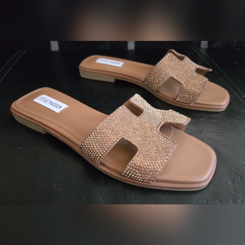 Steve Madden Sparkly Tan and Gold Slide Sandals NWOT - Picture 3 of 6